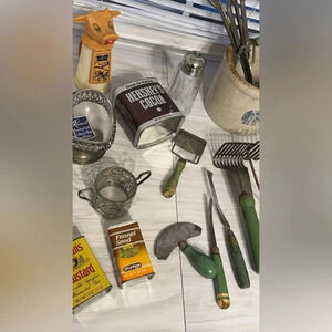 28pc Lrg Lot Vintage/Antique 10lb Kitchen Beaters,Tins,Utensils,Crock Farmhouse